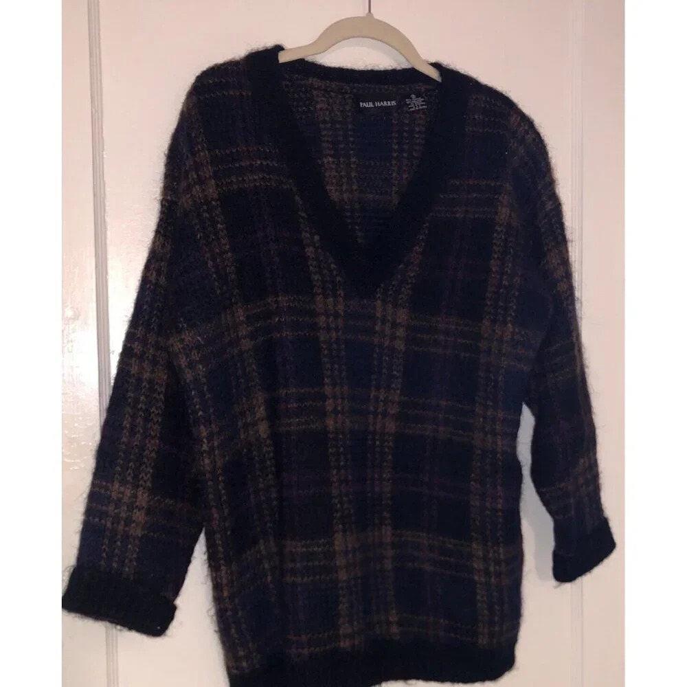 Vintage 80s Paul Harris Design Mohair Sweater Women Size Small Brown Blue Plaid‎